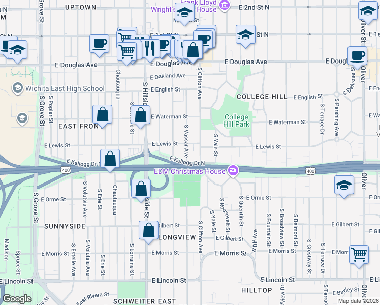 map of restaurants, bars, coffee shops, grocery stores, and more near 431 South Clifton Avenue in Wichita