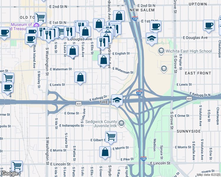 map of restaurants, bars, coffee shops, grocery stores, and more near 418 South Hydraulic Avenue in Wichita