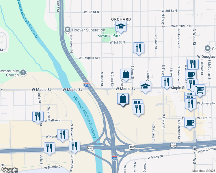 map of restaurants, bars, coffee shops, grocery stores, and more near 601-603 W Kellogg Dr in Wichita