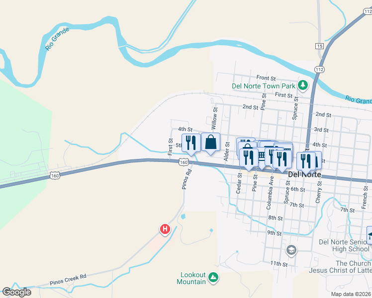 map of restaurants, bars, coffee shops, grocery stores, and more near 145 5th Street in Del Norte