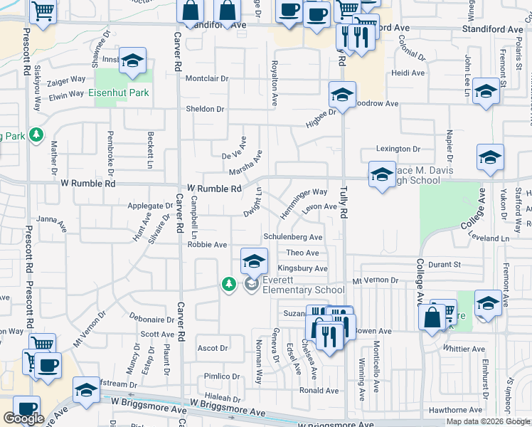 map of restaurants, bars, coffee shops, grocery stores, and more near 1508 Hamilton Avenue in Modesto