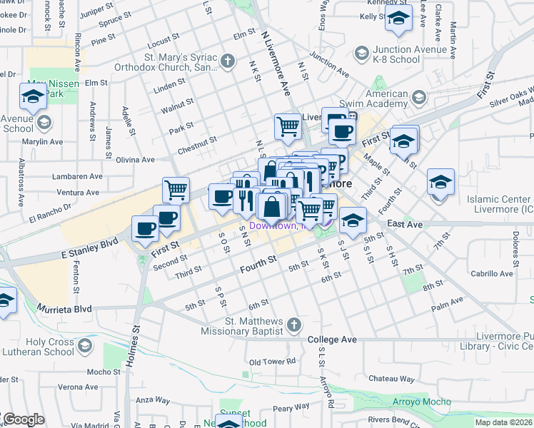 map of restaurants, bars, coffee shops, grocery stores, and more near 1959 Second Street in Livermore