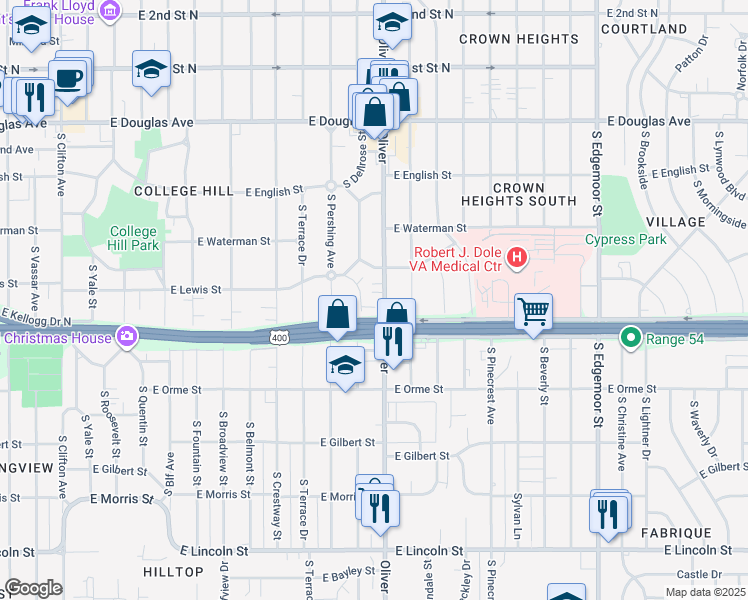 map of restaurants, bars, coffee shops, grocery stores, and more near 4716 Arbor Street in Wichita