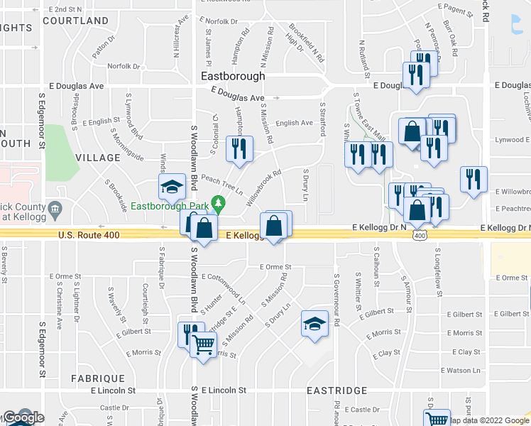 map of restaurants, bars, coffee shops, grocery stores, and more near 18 Peach Tree Lane in Wichita