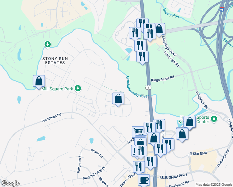 map of restaurants, bars, coffee shops, grocery stores, and more near 11049 Little Five Loop in Glen Allen