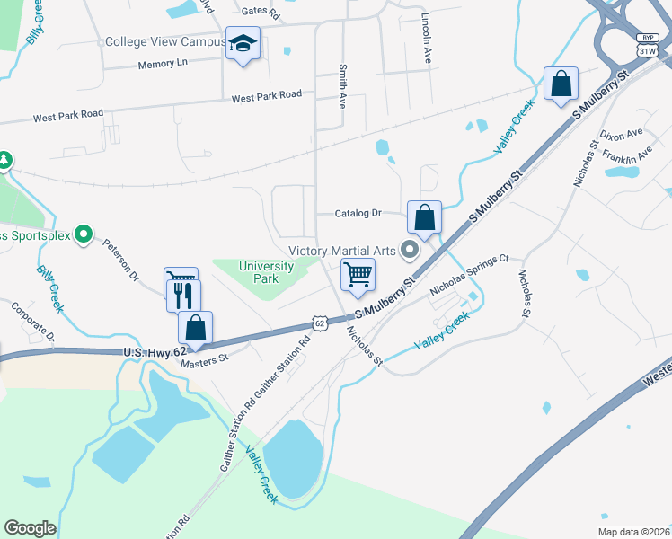 map of restaurants, bars, coffee shops, grocery stores, and more near 114 College Street Road in Elizabethtown