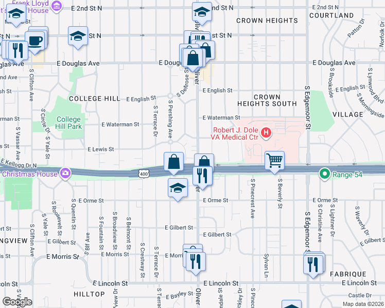 map of restaurants, bars, coffee shops, grocery stores, and more near 4716 Arbor Street in Wichita