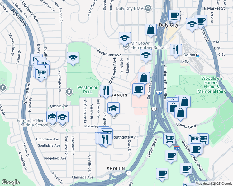 map of restaurants, bars, coffee shops, grocery stores, and more near 257 San Fernando Way in Daly City