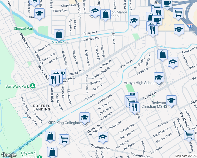 map of restaurants, bars, coffee shops, grocery stores, and more near 1341 Belding Street in San Leandro
