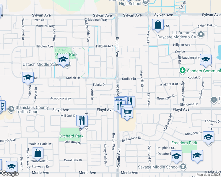 map of restaurants, bars, coffee shops, grocery stores, and more near 2936 Essie Way in Modesto