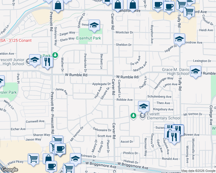 map of restaurants, bars, coffee shops, grocery stores, and more near 1708 Anita Court in Modesto