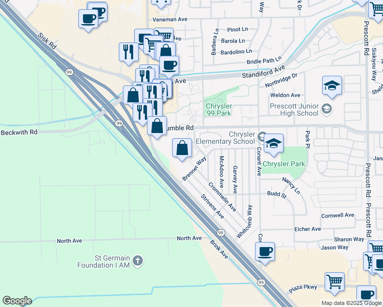 map of restaurants, bars, coffee shops, grocery stores, and more near 2801 Lou Ann Drive in Modesto