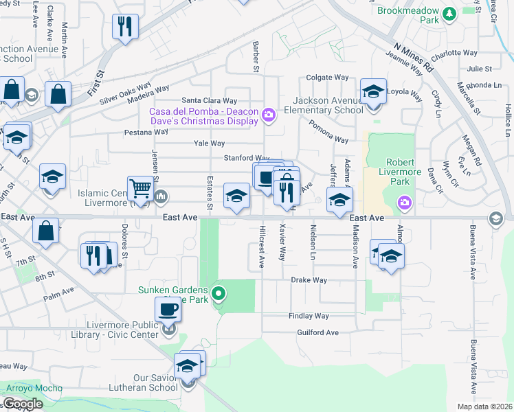 map of restaurants, bars, coffee shops, grocery stores, and more near 3988 East Avenue in Livermore