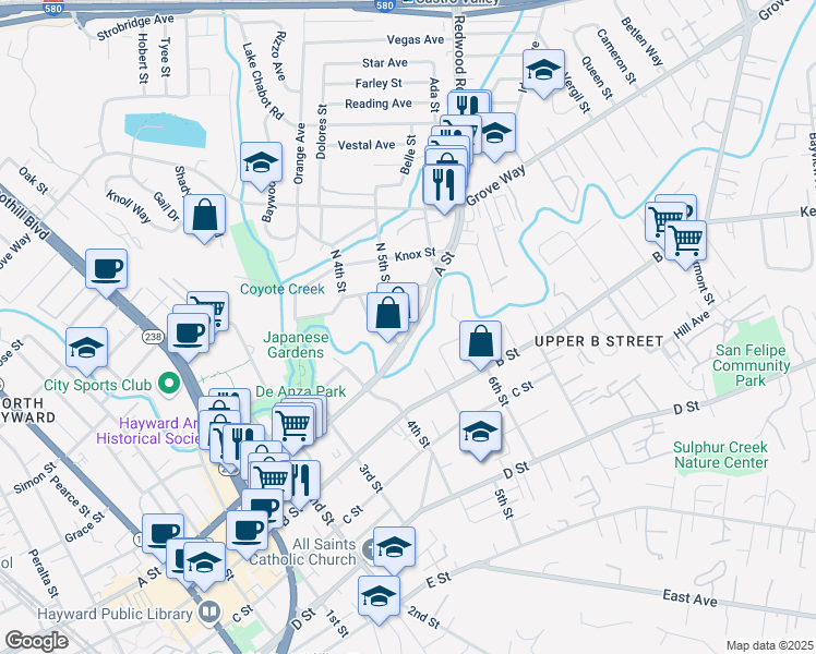 map of restaurants, bars, coffee shops, grocery stores, and more near 1500 A Street in Castro Valley