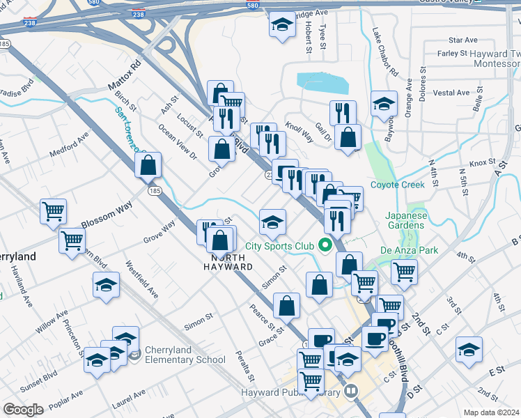map of restaurants, bars, coffee shops, grocery stores, and more near 21866 Main Street in Hayward