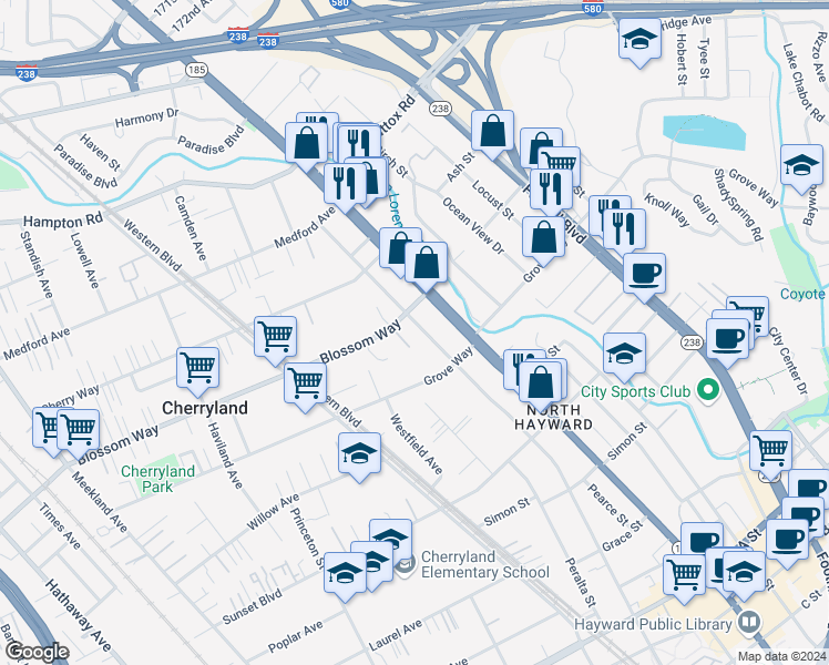 map of restaurants, bars, coffee shops, grocery stores, and more near 21327 Cambra Court in Hayward