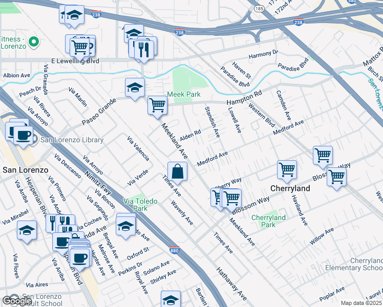 map of restaurants, bars, coffee shops, grocery stores, and more near 18959 Meekland Avenue in Hayward