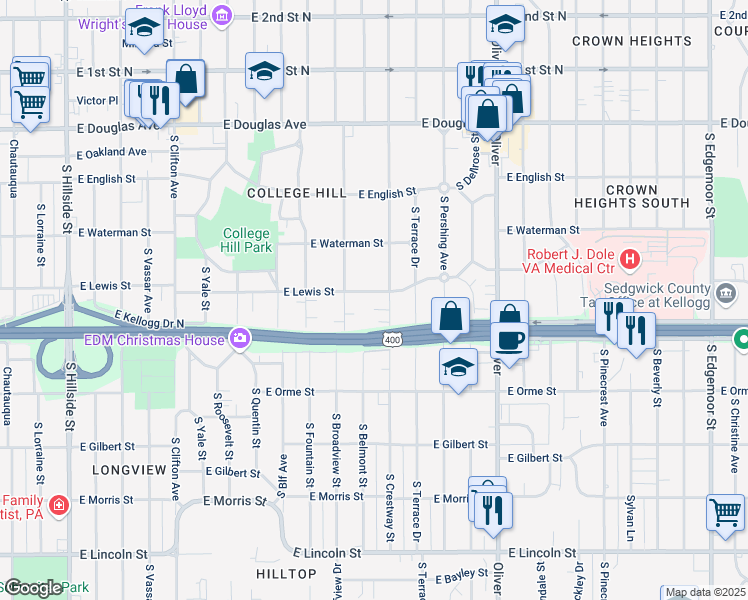 map of restaurants, bars, coffee shops, grocery stores, and more near 423 South Crestway Street in Wichita