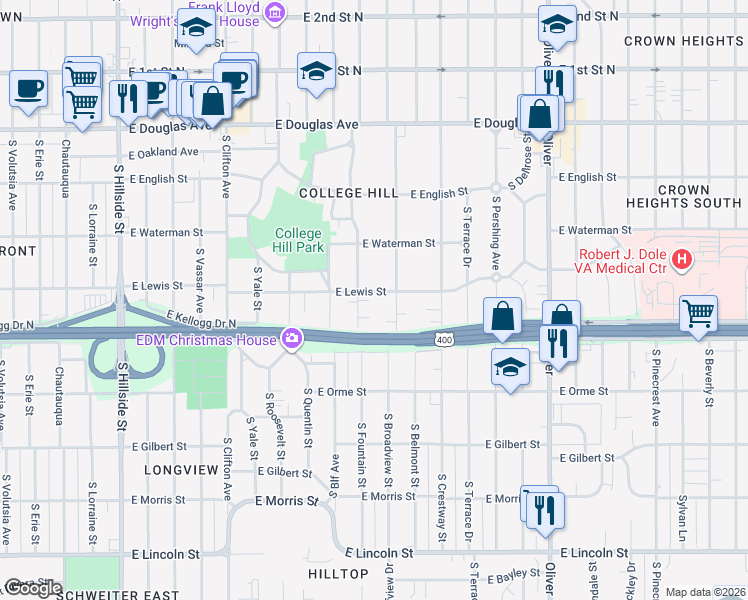 map of restaurants, bars, coffee shops, grocery stores, and more near 428 South Fountain Street in Wichita