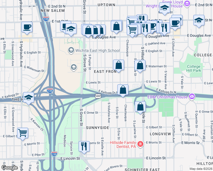 map of restaurants, bars, coffee shops, grocery stores, and more near 425 South Estelle Street in Wichita