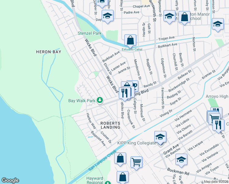 map of restaurants, bars, coffee shops, grocery stores, and more near 191 Santa Teresa in San Leandro