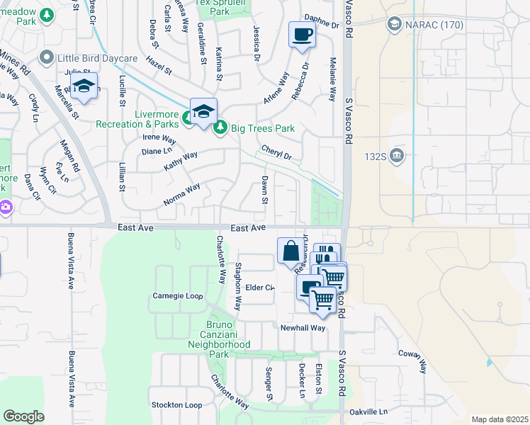 map of restaurants, bars, coffee shops, grocery stores, and more near 5697 Jacquiline Way in Livermore