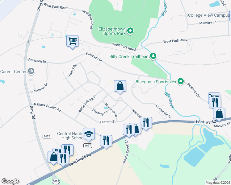 map of restaurants, bars, coffee shops, grocery stores, and more near 325 Kentucky Drive in Elizabethtown