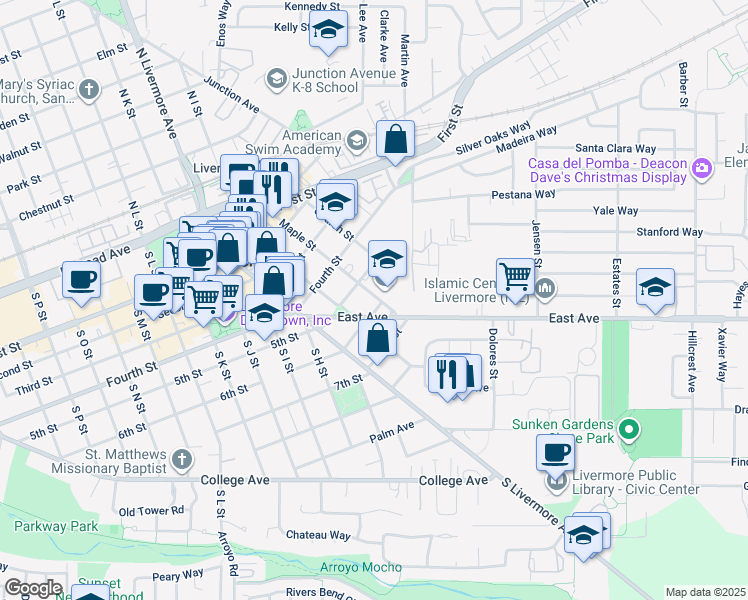 map of restaurants, bars, coffee shops, grocery stores, and more near 585 Maple Street in Livermore