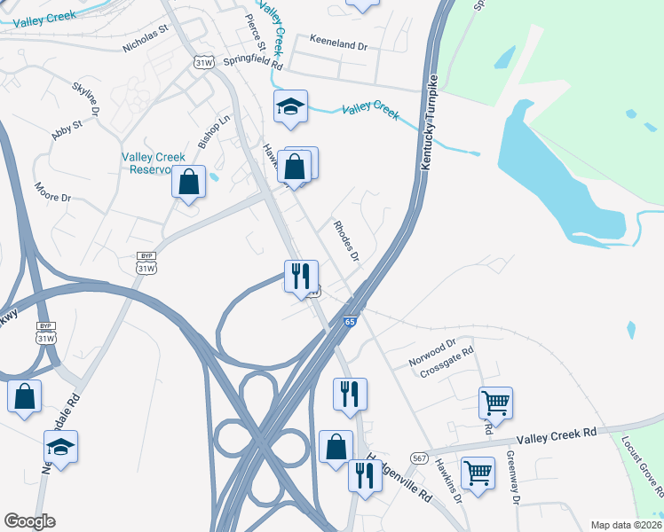 map of restaurants, bars, coffee shops, grocery stores, and more near Gateway Drive in Elizabethtown
