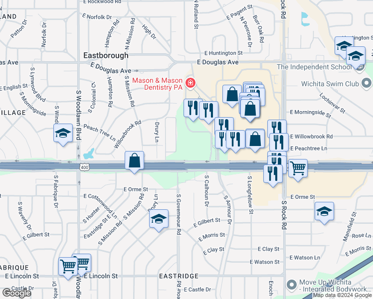 map of restaurants, bars, coffee shops, grocery stores, and more near 7030 East Kellogg Drive North in Wichita