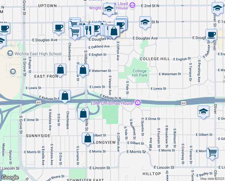 map of restaurants, bars, coffee shops, grocery stores, and more near 431 South Clifton Avenue in Wichita
