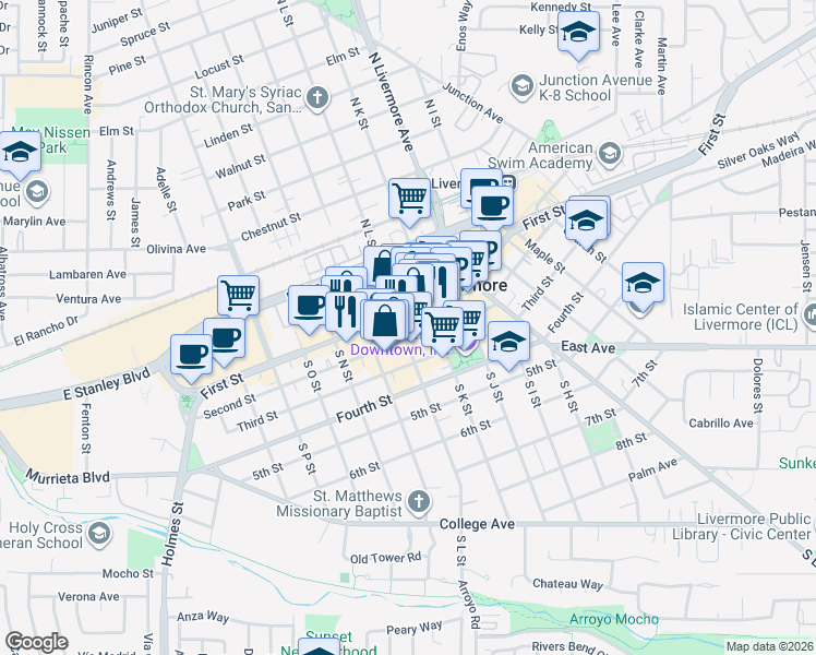 map of restaurants, bars, coffee shops, grocery stores, and more near 1959 Second Street in Livermore