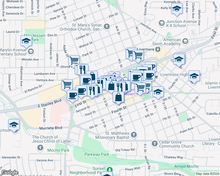 map of restaurants, bars, coffee shops, grocery stores, and more near 59 South N Street in Livermore