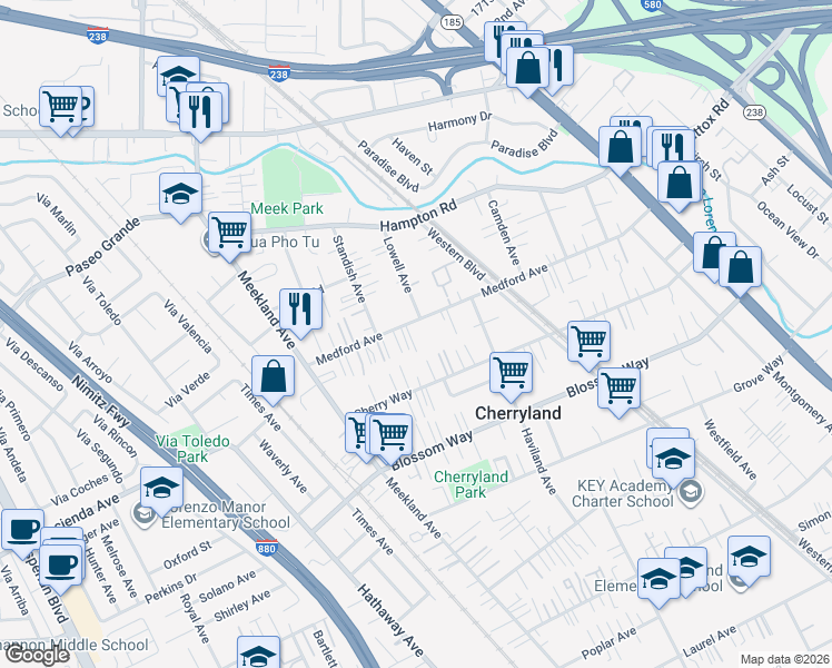 map of restaurants, bars, coffee shops, grocery stores, and more near 241 Medford Avenue in Hayward