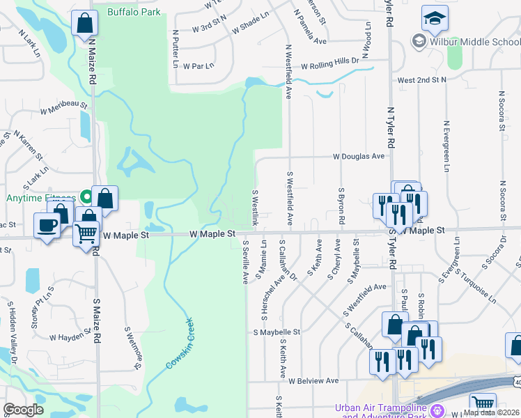 map of restaurants, bars, coffee shops, grocery stores, and more near 222 South Westlink in Wichita