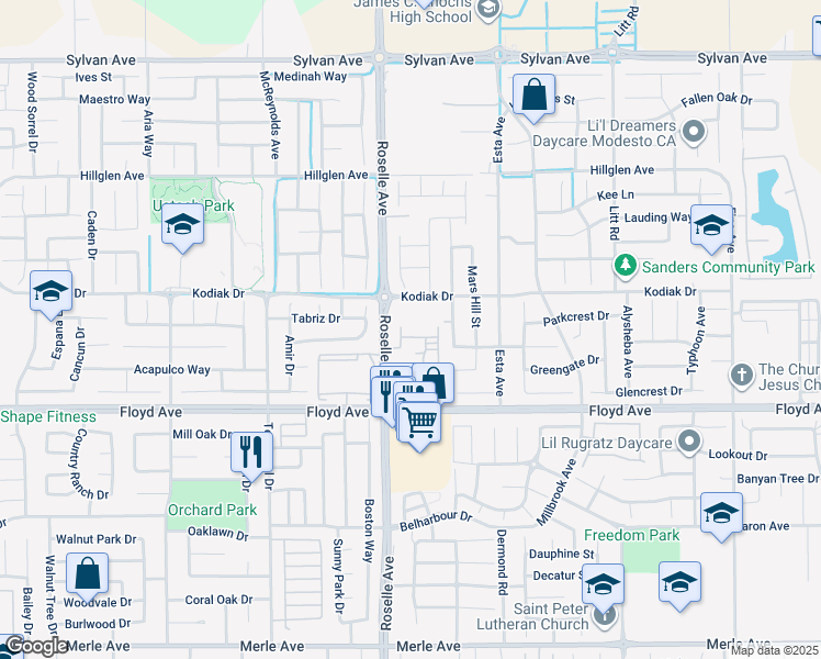 map of restaurants, bars, coffee shops, grocery stores, and more near 2724 Roselle Avenue in Modesto