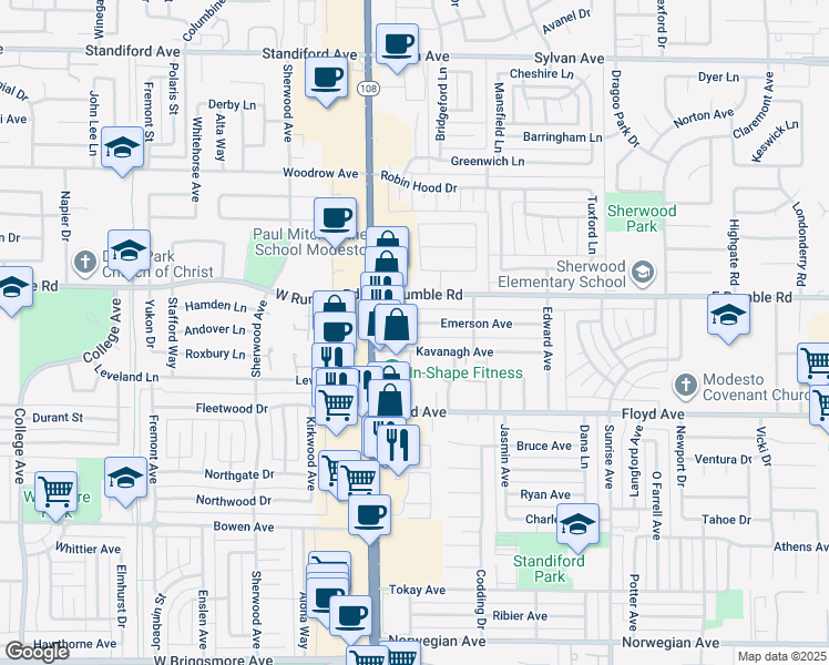 map of restaurants, bars, coffee shops, grocery stores, and more near 2801 Fitzpatrick Avenue in Modesto