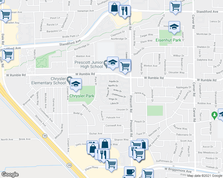 map of restaurants, bars, coffee shops, grocery stores, and more near 2621 Prescott Road in Modesto