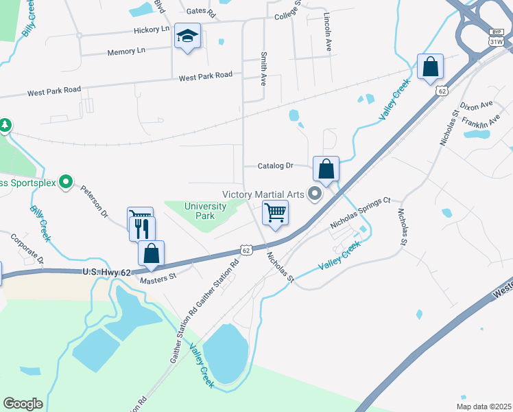 map of restaurants, bars, coffee shops, grocery stores, and more near 114 College Street Road in Elizabethtown