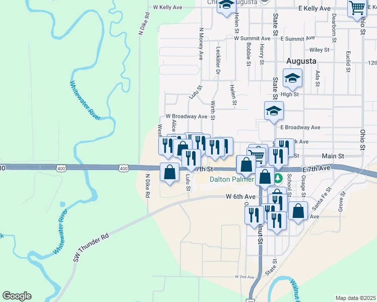 map of restaurants, bars, coffee shops, grocery stores, and more near 718 West 7th Avenue in Augusta