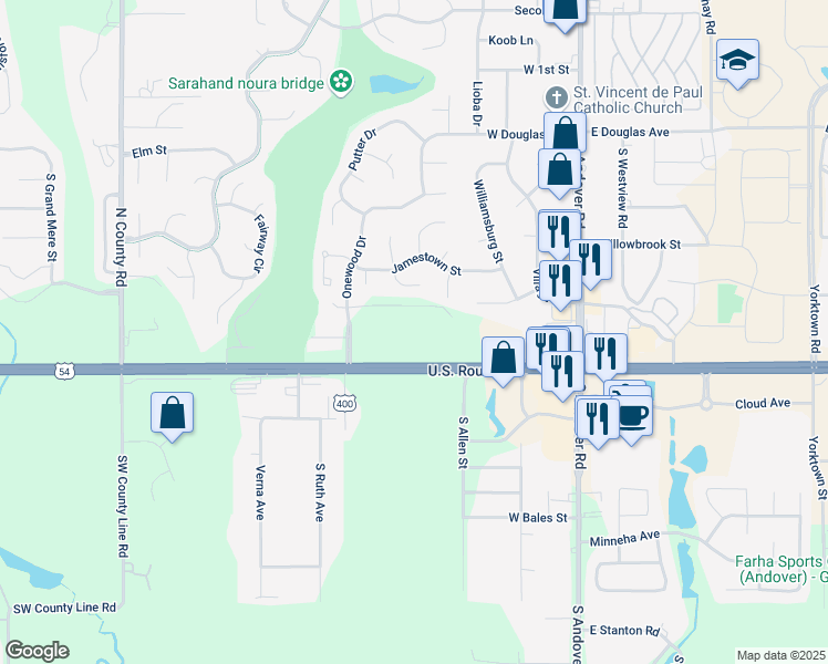 map of restaurants, bars, coffee shops, grocery stores, and more near 492-1018 Old U.S. 54 in Andover