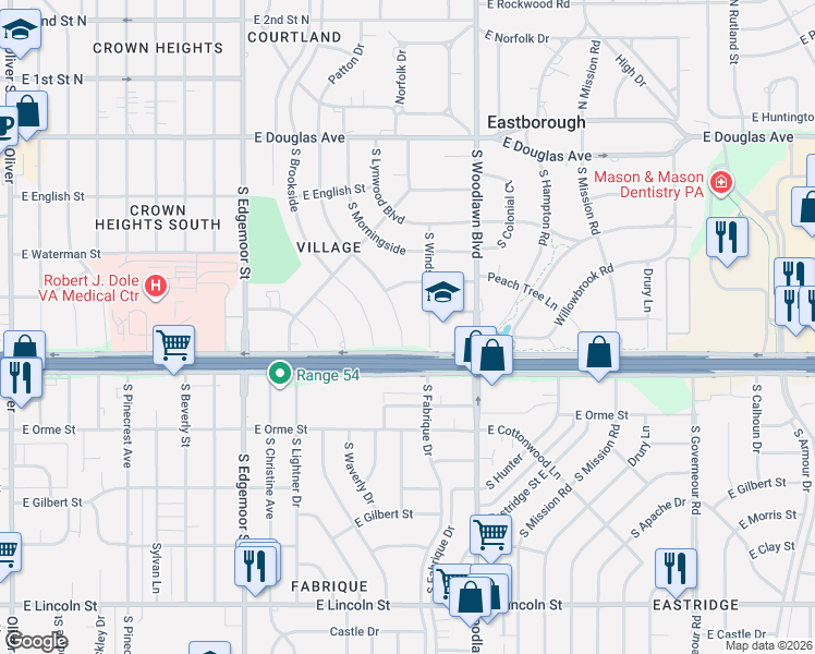 map of restaurants, bars, coffee shops, grocery stores, and more near 447 Windsor Street in Wichita