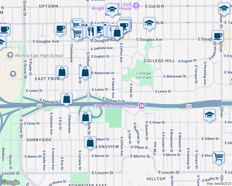 map of restaurants, bars, coffee shops, grocery stores, and more near 431 South Clifton Avenue in Wichita