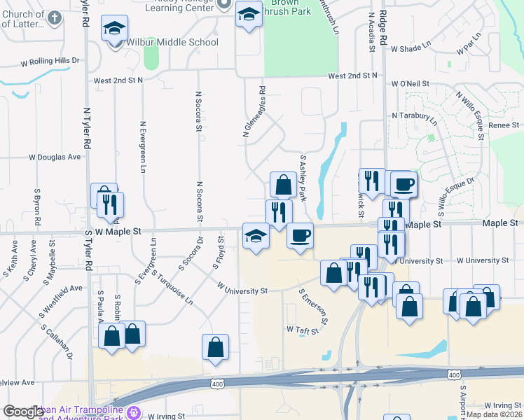 map of restaurants, bars, coffee shops, grocery stores, and more near 275 Gleneagles Court in Wichita