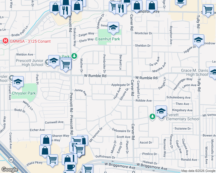 map of restaurants, bars, coffee shops, grocery stores, and more near 2704 Marjorie Drive in Modesto