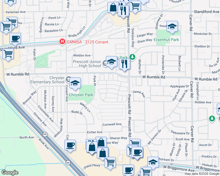 map of restaurants, bars, coffee shops, grocery stores, and more near 2621 Prescott Road in Modesto