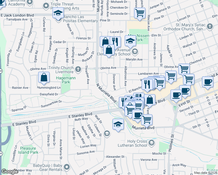 map of restaurants, bars, coffee shops, grocery stores, and more near 189 Northwood Commons in Livermore