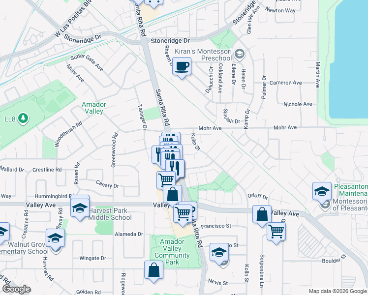 map of restaurants, bars, coffee shops, grocery stores, and more near 4289 Valdosta Court in Pleasanton
