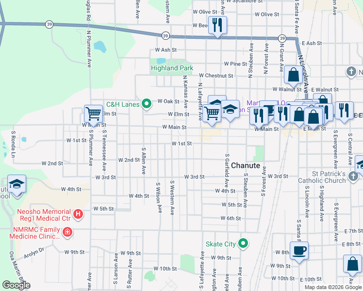 map of restaurants, bars, coffee shops, grocery stores, and more near 701-799 West 2nd Street in Chanute