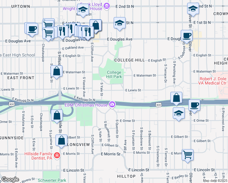 map of restaurants, bars, coffee shops, grocery stores, and more near 400 South Roosevelt Street in Wichita